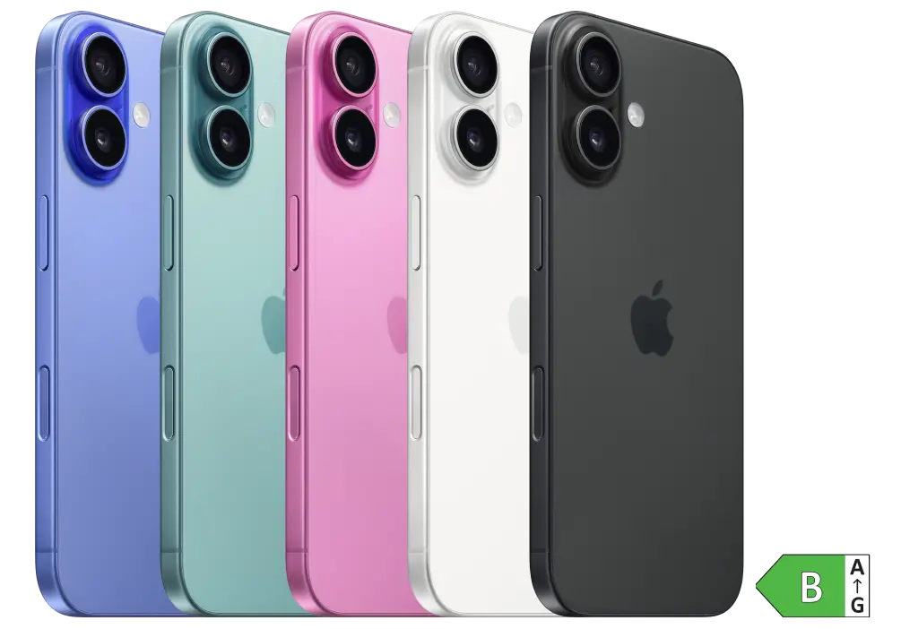 iPhone 16 in fünf verschiedenen Farben. Energieeffizienzklasse B.