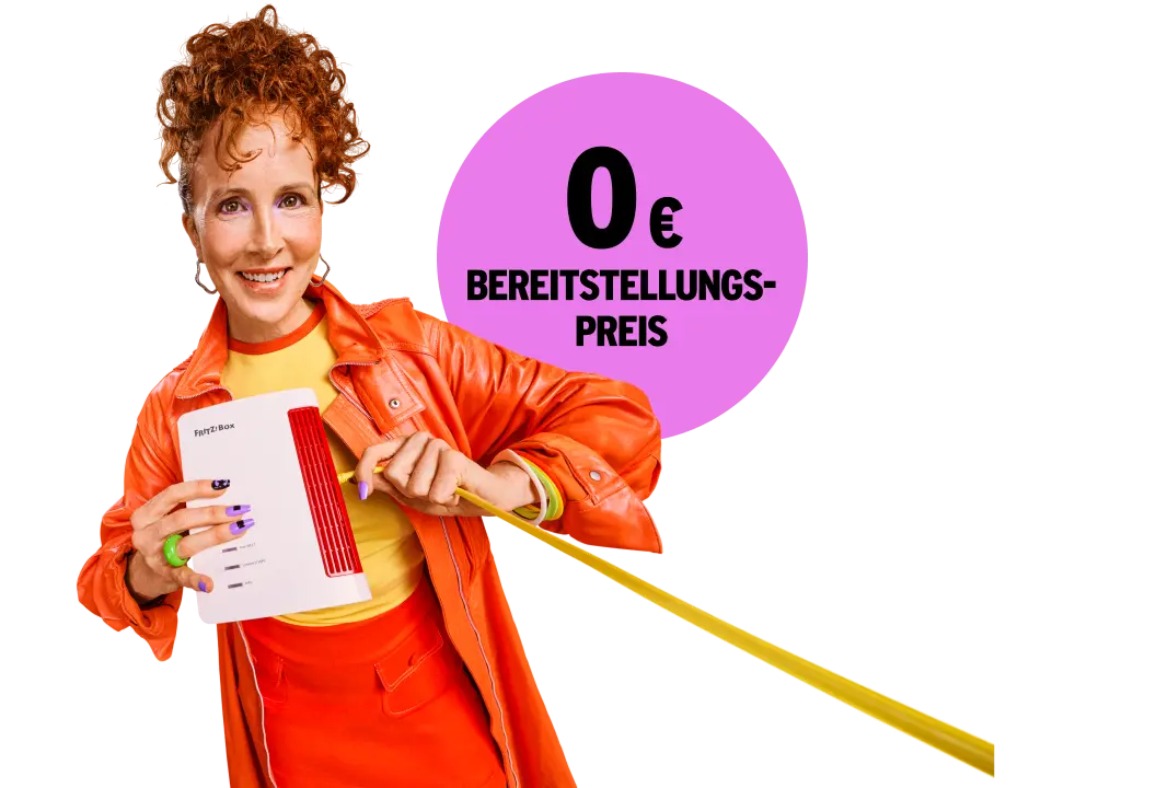 Frau mit Router – 0 € Bereitstellungspreis