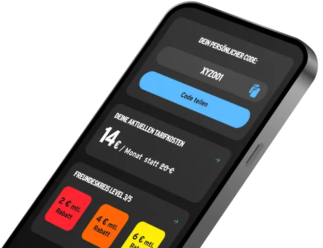 Freundeskreis in der congstar App: Code, aktuelle Ersparnis und Freundeskreis-Level.