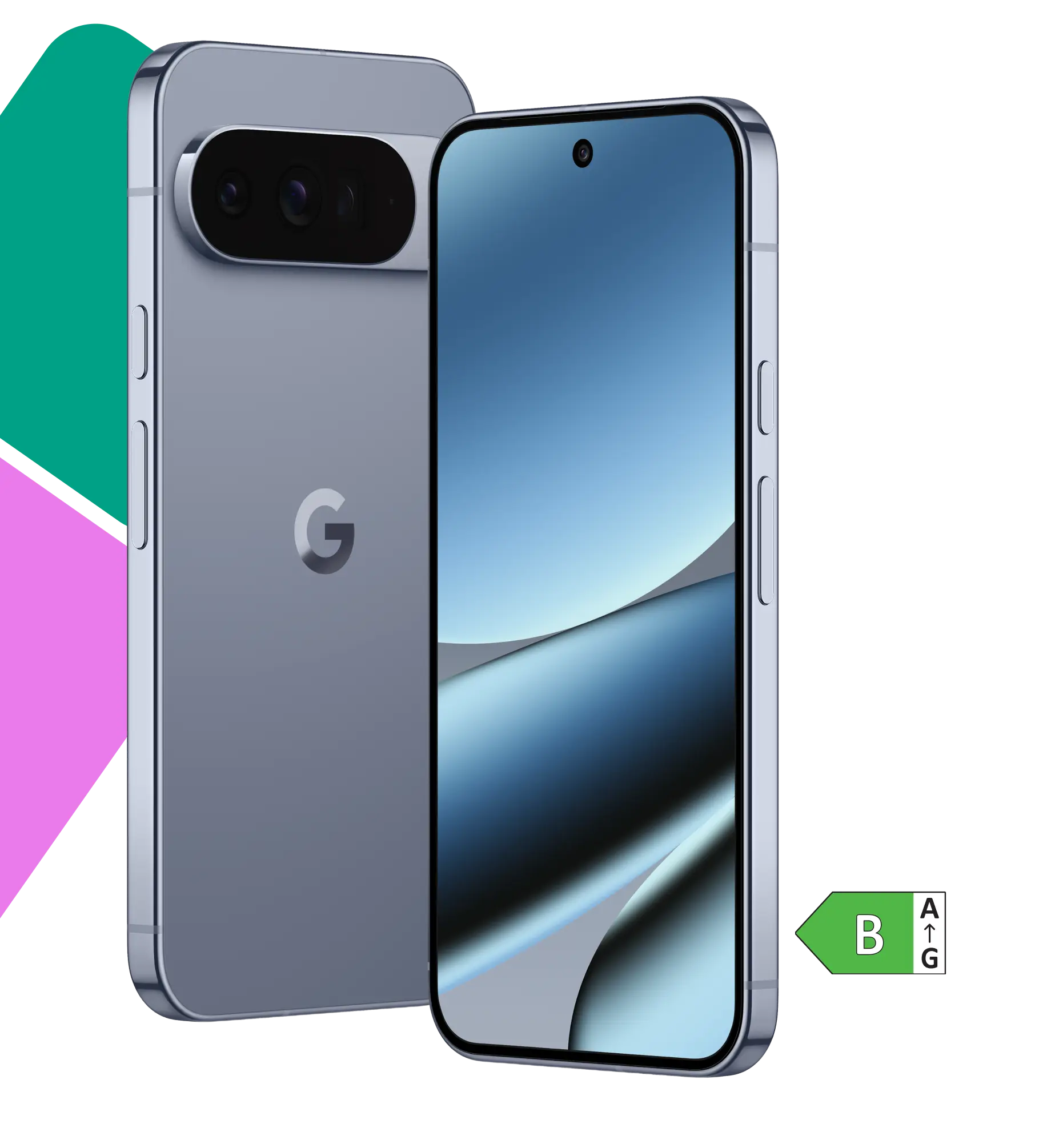 Schräge Vorder- und Rückansicht Google Pixel 10 Pro XL. Energieeffizienzklasse B.