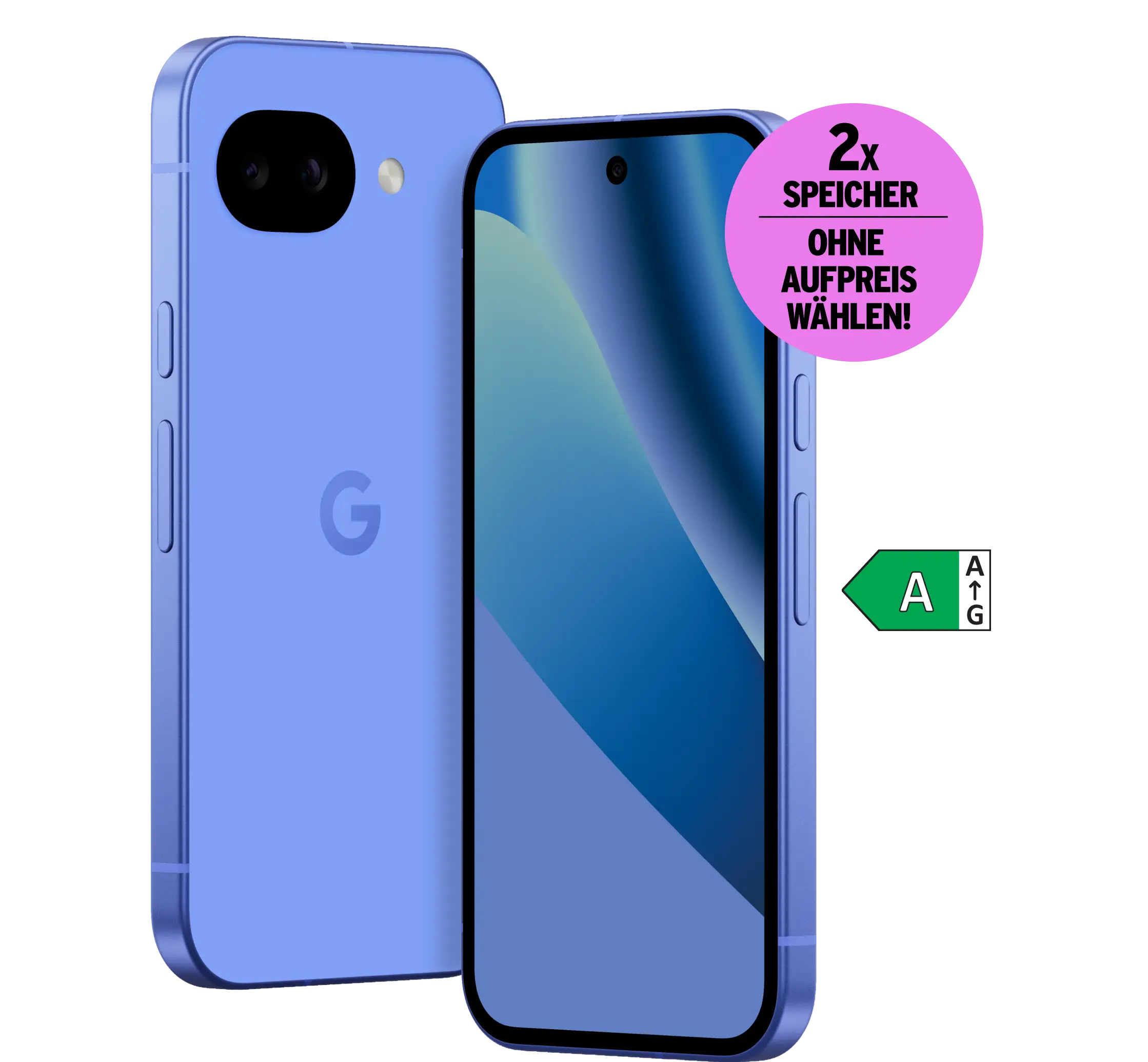 Vorder- und Rückansicht Google Pixel 10a. Energieeffizienzklasse A. Doppelten Speicher ohne Aufpreis wählen.