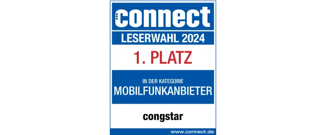 Connect Siegel Leserwahl 2025: congstar belegt den 1. Platz in der Kategorie "Mobilfunkanbieter"