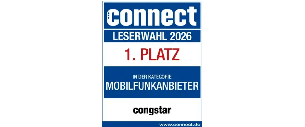 Connect Siegel Leserwahl 2026: congstar belegt den 1. Platz in der Kategorie "Mobilfunkanbieter"