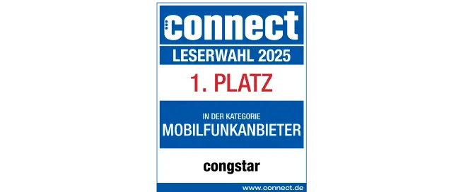 Connect Siegel Leserwahl 2025: congstar belegt den 1. Platz in der Kategorie "Mobilfunkanbieter"