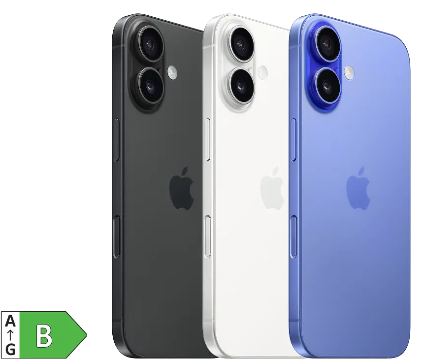 iPhone 16 in verschiedenen Farben. Energieeffizienzklasse B.