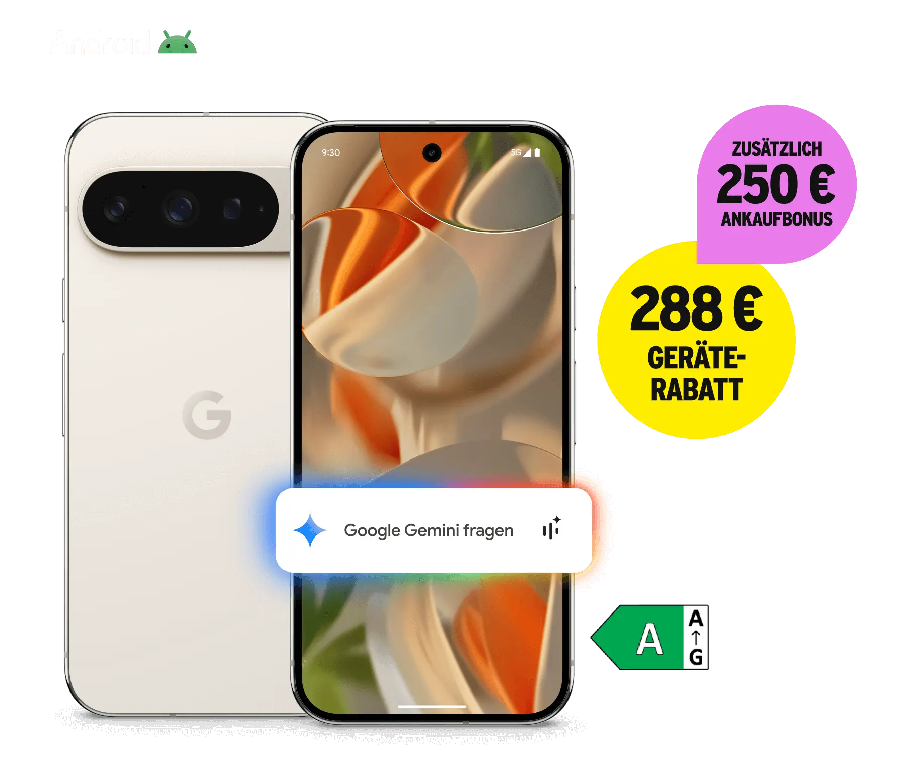 Google Pixel 9 Pro mit Energieklasse A. 288 € Geräterabatt. Zusätzlich 250 € Ankaufbonus.