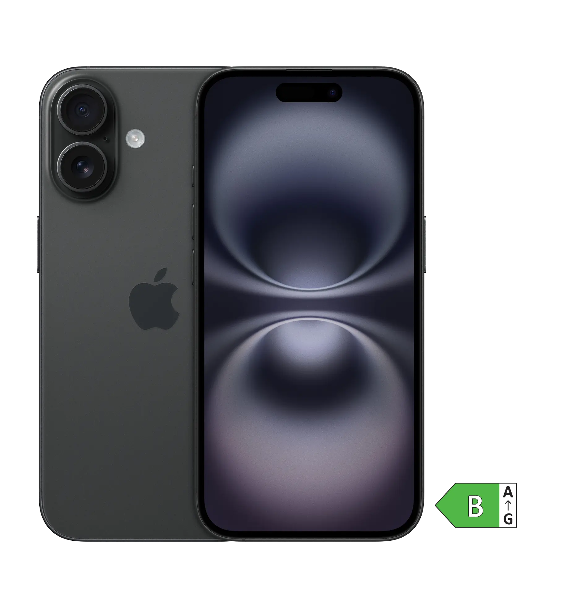 Vorder- und Rückansicht iPhone 16. Energieeffizienzklasse B.