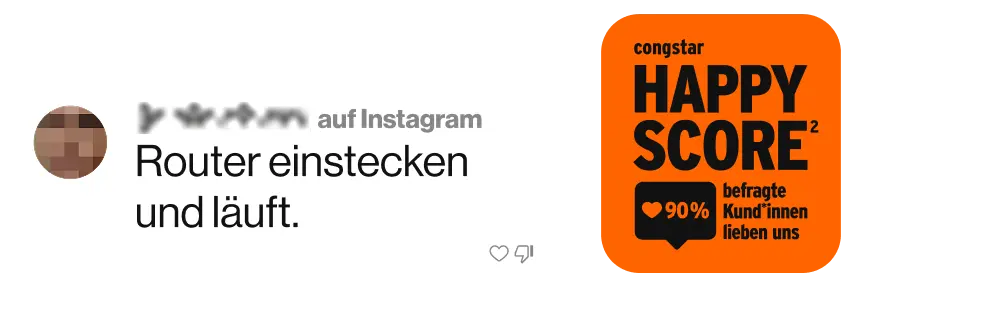 Ein Social Media Kommentar auf Instagram: "Router einstecken und läuft." congstar Happy Score Badge². 90 % befragte Kund*innen lieben uns.