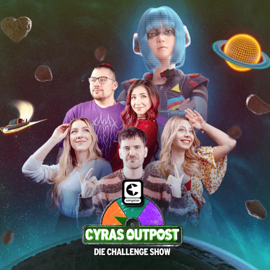jennyan, kadditv, basostream, einpapo und Leon vor Cyra. Titel: Cyras Outpost - Die Challenge Show. congstar Logo