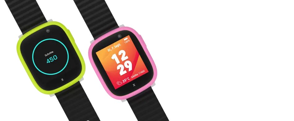 Xplora X6 Play Kids Watch in zwei Farben: Grün mit Schrittzähler-Anzeige und Pink mit Uhrzeit- und Wetteranzeige, jeweils mit schwarzem Armband.