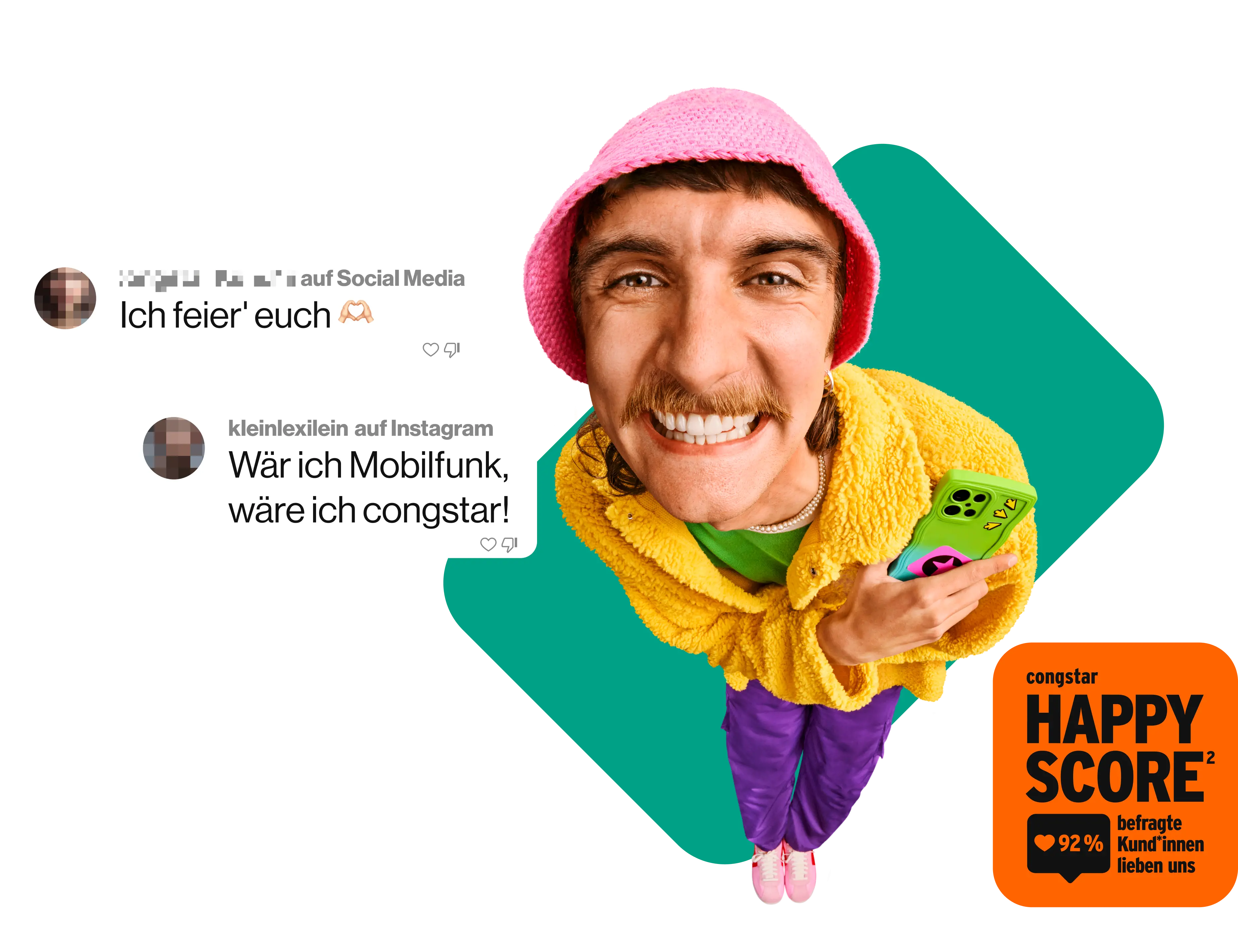 Eine lächelnde Person mit rosa Hut und gelber Jacke hält ein Handy. Zwei Social-Media-Kommentare sind eingeblendet: "Ich feier' euch" und "Wär ich Mobilfunk, wäre ich congstar!" Auf der rechten Seite ist ein orangefarbenes Quadrat mit der Aufschrift "congstar HAPPY SCORE", darunter steht "92% befragte Kund*innen lieben uns".