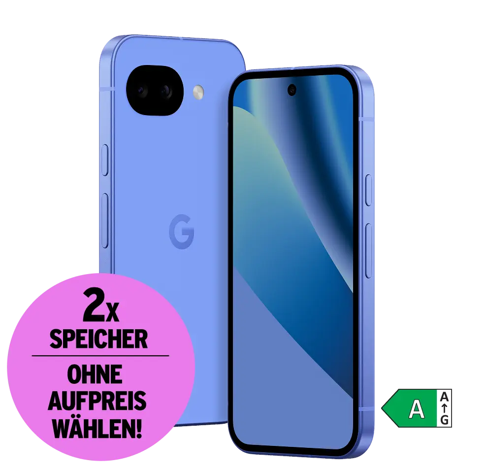 Vorder- und Rückansicht Google Pixel 10a. Energieeffizienzklasse A. Doppelten Speicher ohne Aufpreis wählen.