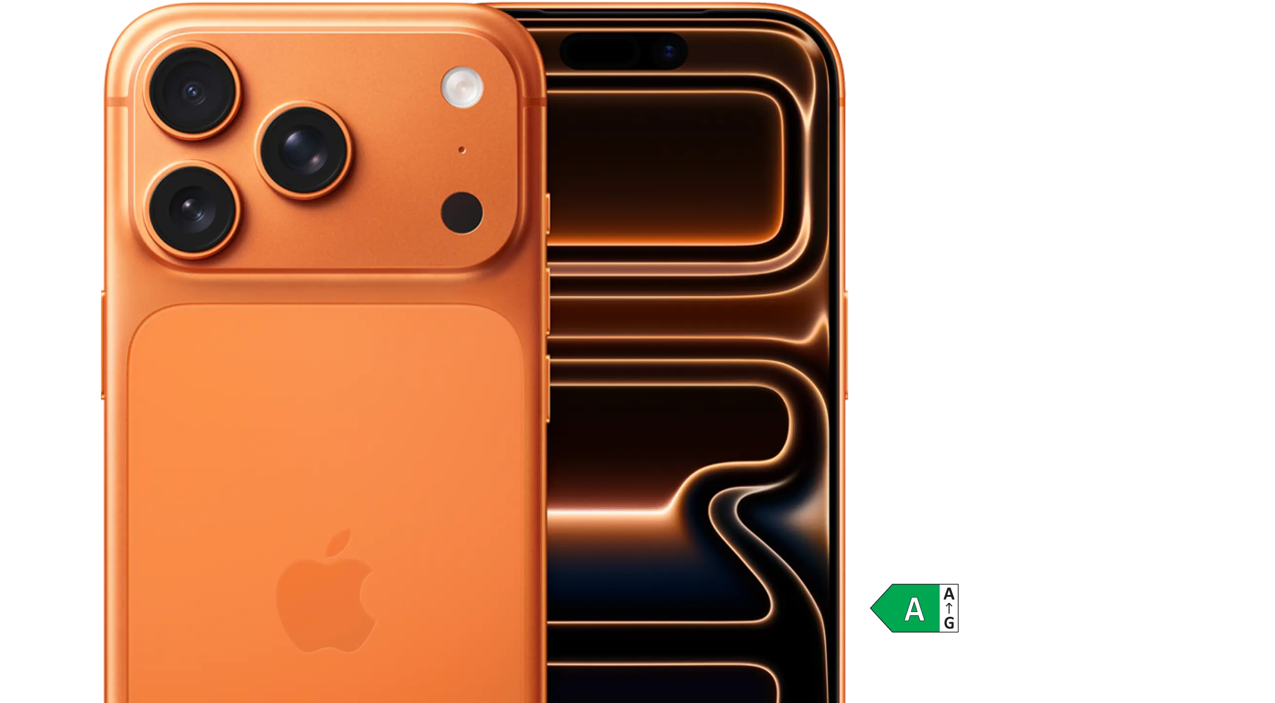 Rück- und Frontansicht iPhone 17 Pro in Orange. Energieeffizienzklasse A.
