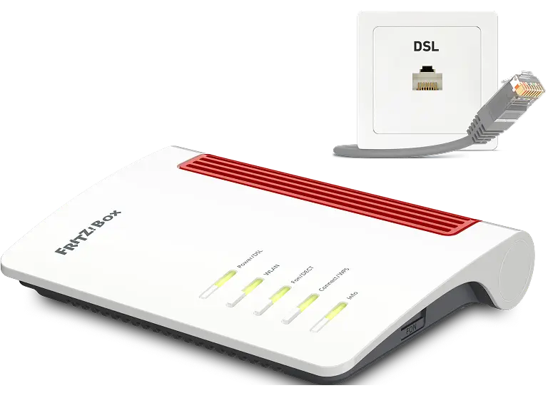 FRITZ!Box 7630 Router mit leuchtenden Status-LEDs, daneben eine DSL-Wandsteckdose mit der Aufschrift „DSL“ und ein graues DSL-Kabel mit Stecker.