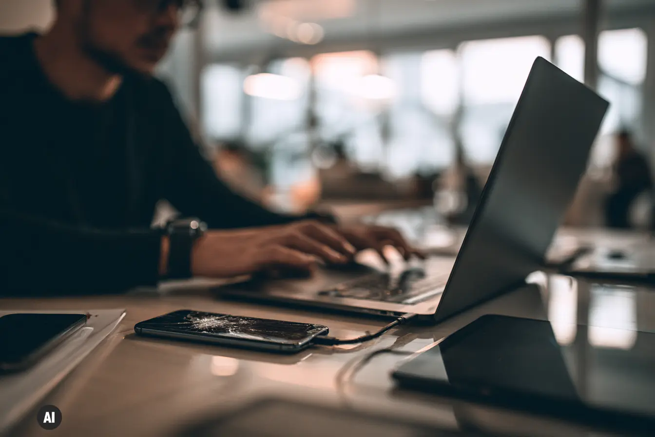 Person sitzt am Laptop und hat Handy daneben liegen