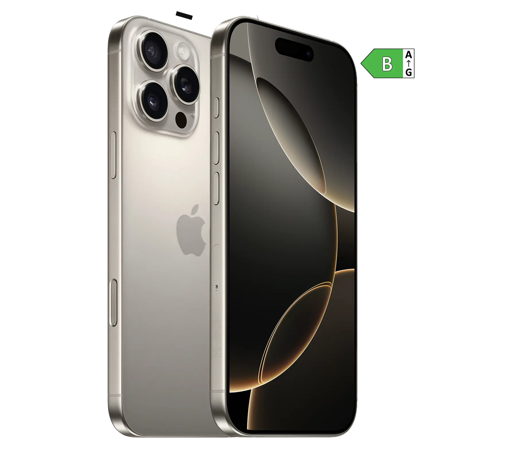 Seitliche Vorder- und Rückansicht iPhone 16 Pro Max. Energieeffizienzklasse B.