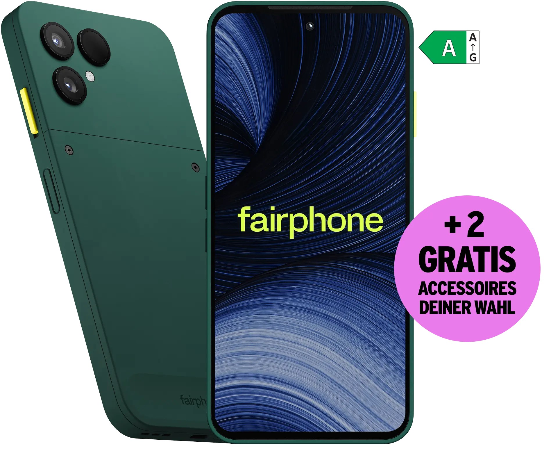 Vorder- und Rückansicht Fairphone 6+ Grün + 2 Gratis Accessoires deiner Wahl. Energieeffizienzklasse A.