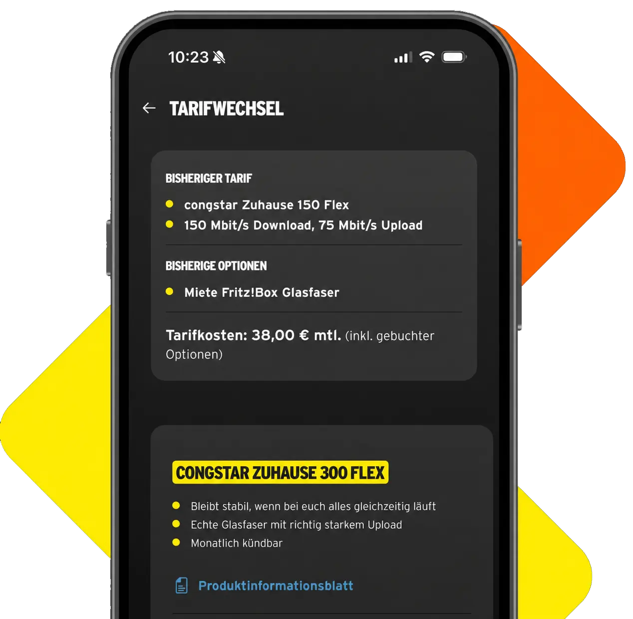 congstar App: Tarifwechsel-Ansicht mit Vergleich bisheriger Tarif und congstar Zuhause 300 Flex.