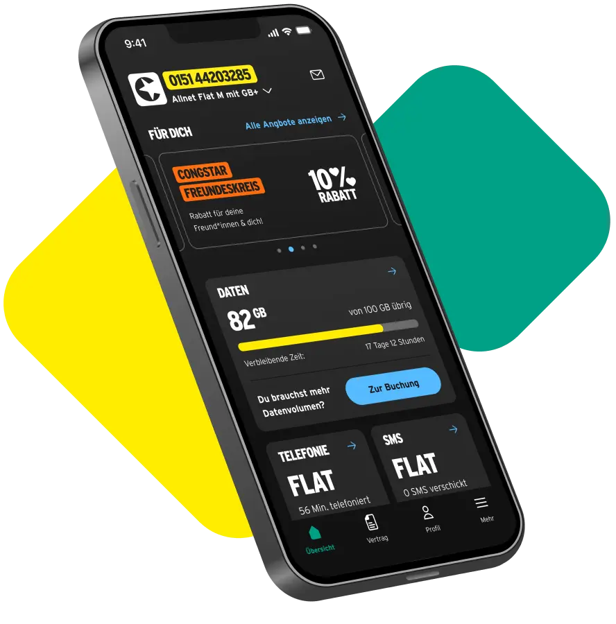 Smartphone zeigt Tarifdetails und Verbraucherübersicht in der congstar App.