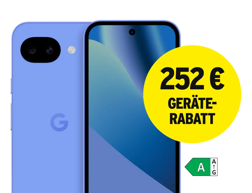 Vorder- und Rückansicht Google Pixel 10a Lavender. Energieeffizienzklasse A. 252 € Geräte-Rabatt.