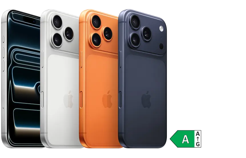 Vier Apple iPhones in verschiedenen Farben nebeneinander aufgereiht, mit Energieeffizienzklasse A Siegel.
