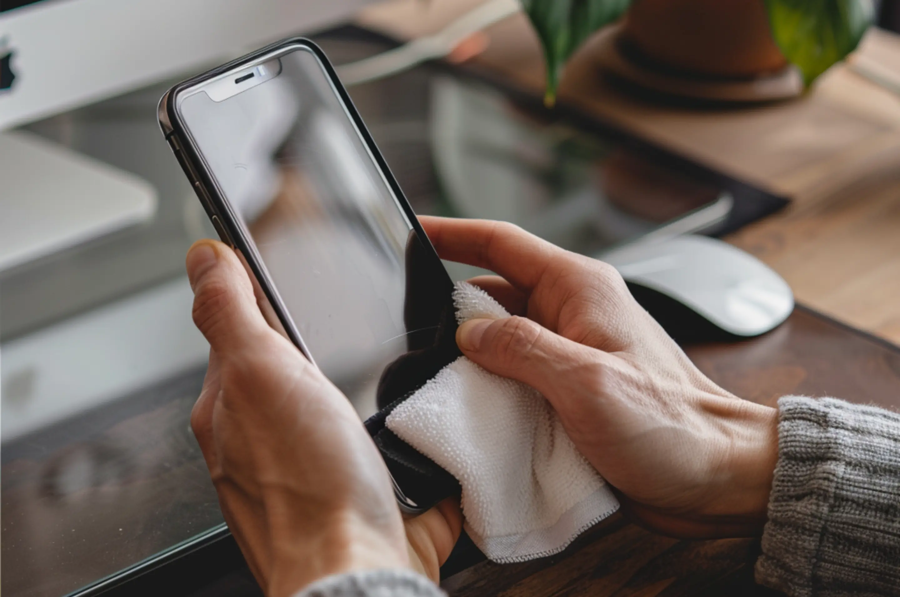 Person hält Handy und Tuch in der Hand, um dieses zu reinigen.