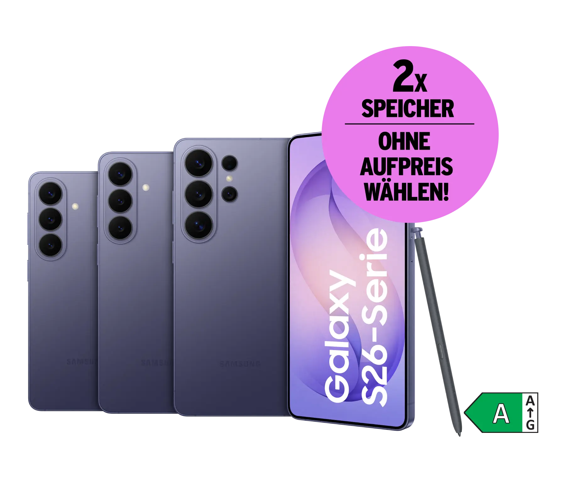 Samsung Galaxy S26 Serie. Energieeffizienzklasse A. Doppelten Speicher ohne Aufpreis wählen.