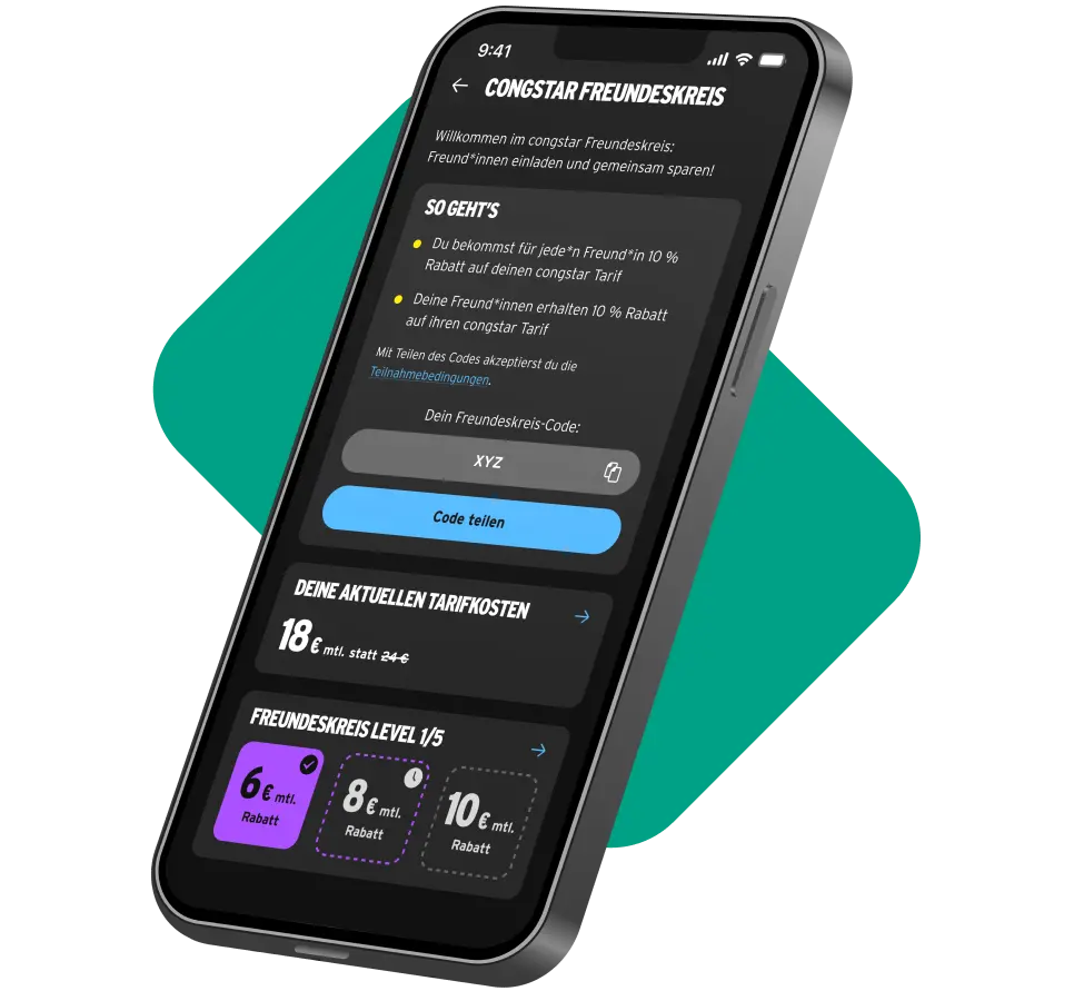 Smartphone zeigt Freundeskreis Rabatt Aktivierung in der congstar App.