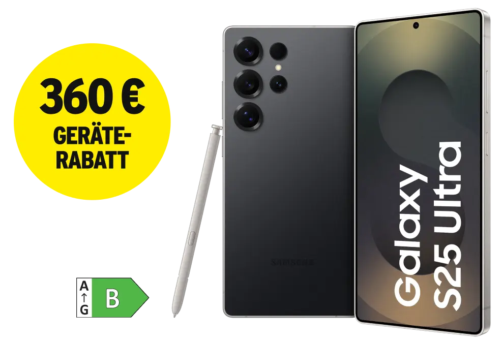 Samsung Galaxy S25 Ultra. Energieeffizienzklasse B. 360 € Geräte-Rabatt.