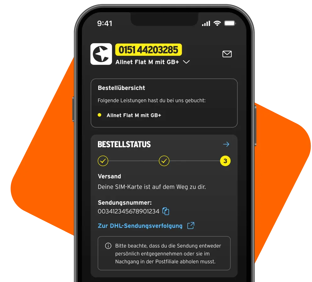 Smartphone zeigt Bestellstatus in der congstar App.