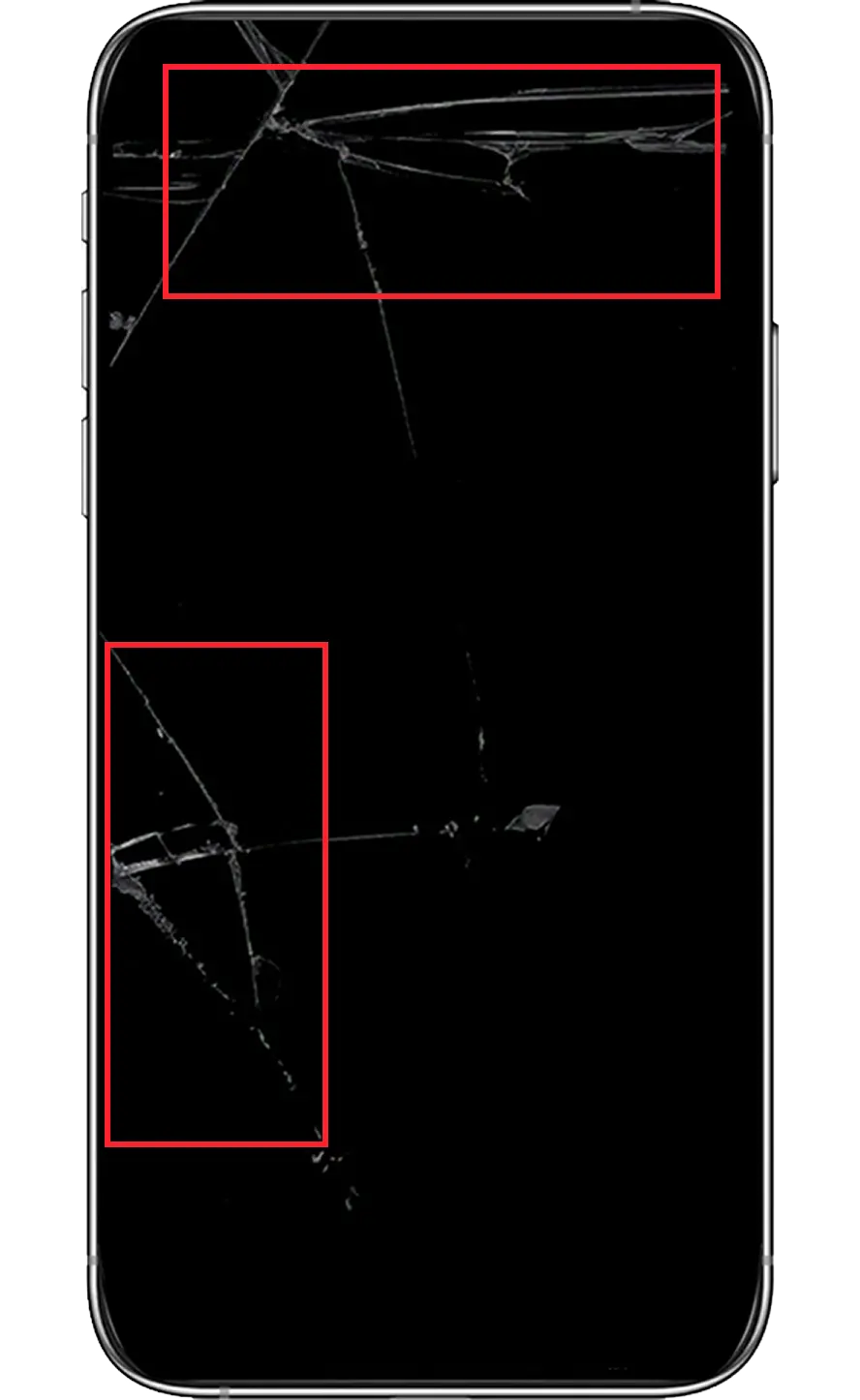 Smartphone mit hervorgehobenen tiefen Rissen im Display.
