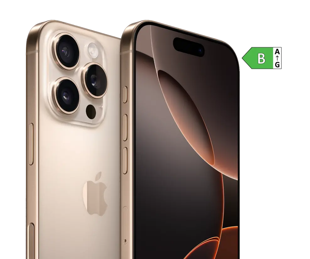 Seitliche Vorder- und Rückansicht iPhone 16 Pro. Energieeffizienzklasse B.