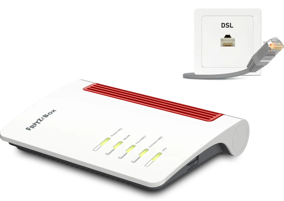 FRITZ!Box 7530 Router mit leuchtenden Status-LEDs, daneben eine DSL-Wandsteckdose mit der Aufschrift „DSL“ und ein graues DSL-Kabel mit Stecker.
