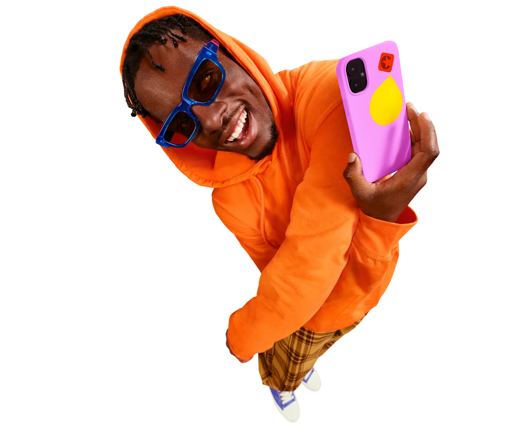Ein lachende Person hält ein Smartphone mit congstar-Logo-Sticker in der Hand.