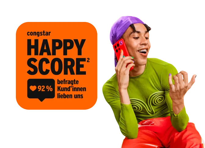 Das Bild zeigt links ein orangefarbenes Quadrat mit dem Text "congstar HAPPY SCORE*". Im Quadrat ist ein schwarzes Sprechblasensymbol mit einem Herz und "92% befragte Kund*innen lieben uns" zu sehen. Daneben ist eine Fußnote ² platziert.