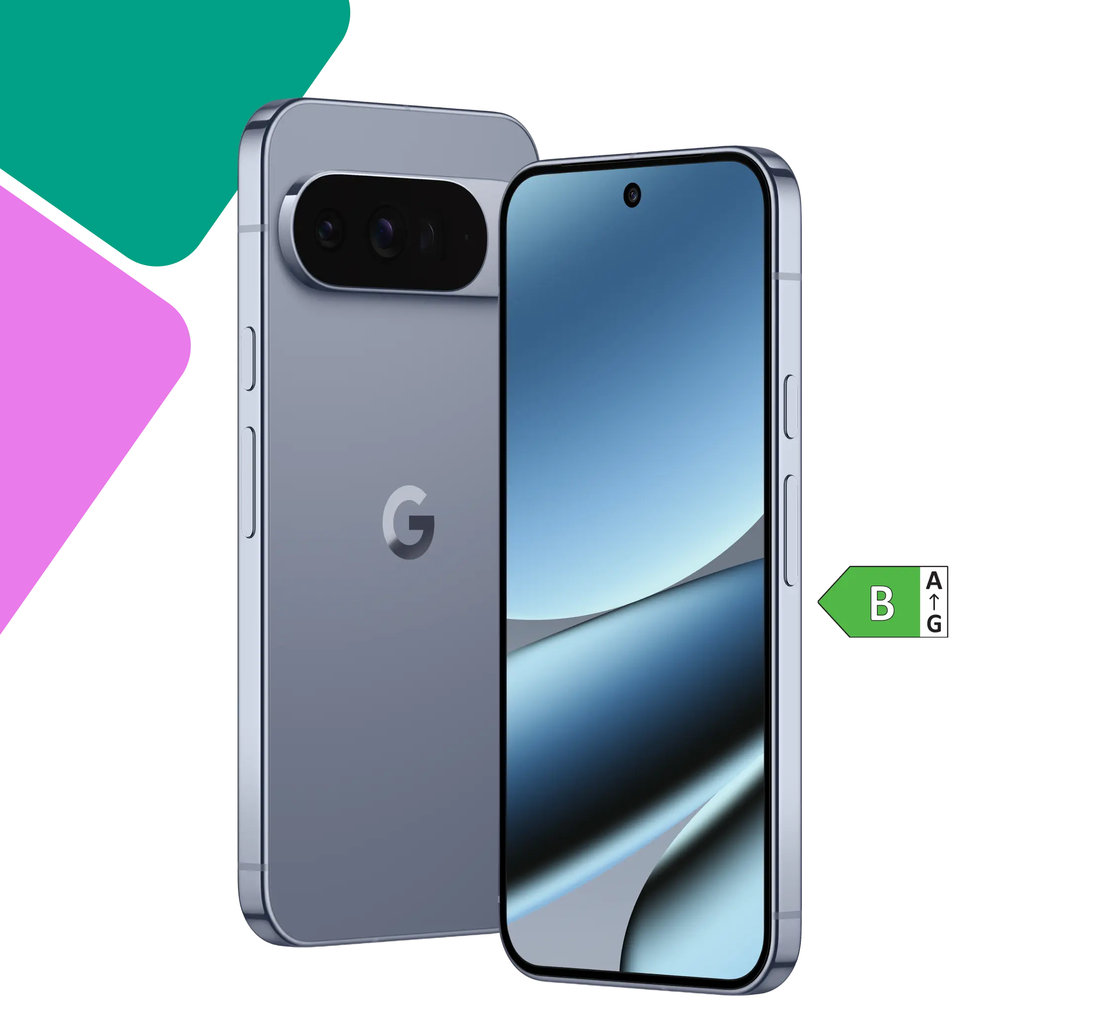 Schräge Vorder- und Rückansicht Google Pixel 10 Pro XL. Energieeffizienzklasse B.