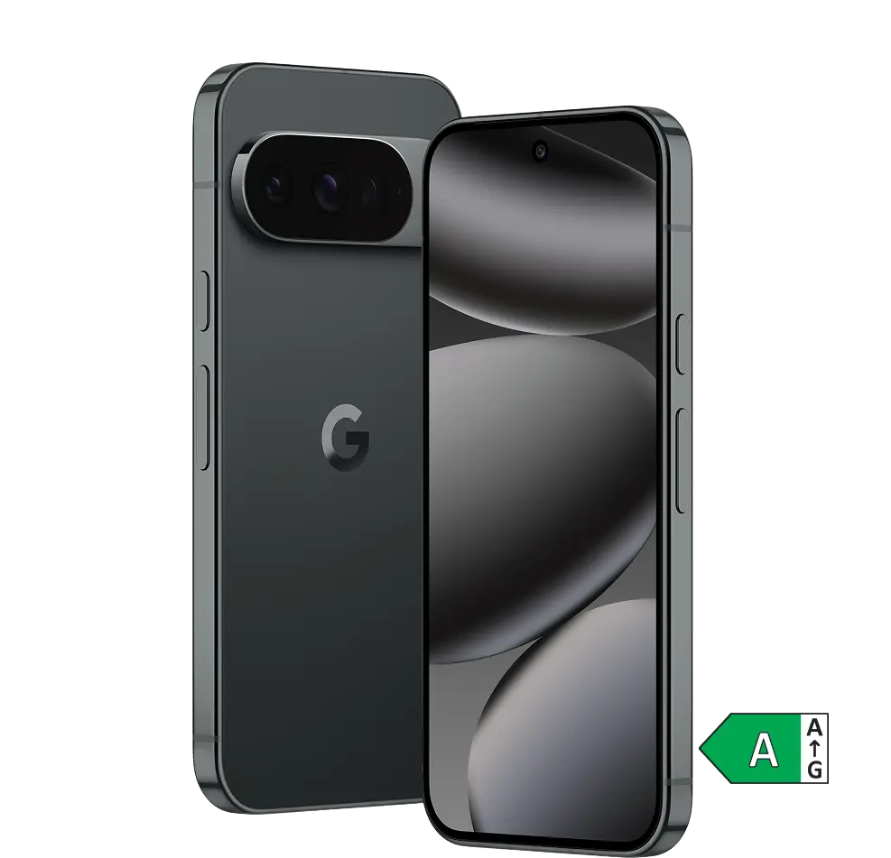 Vorder- und Rückansicht Google Pixel 10 Pro. Energieeffizienzklasse A.