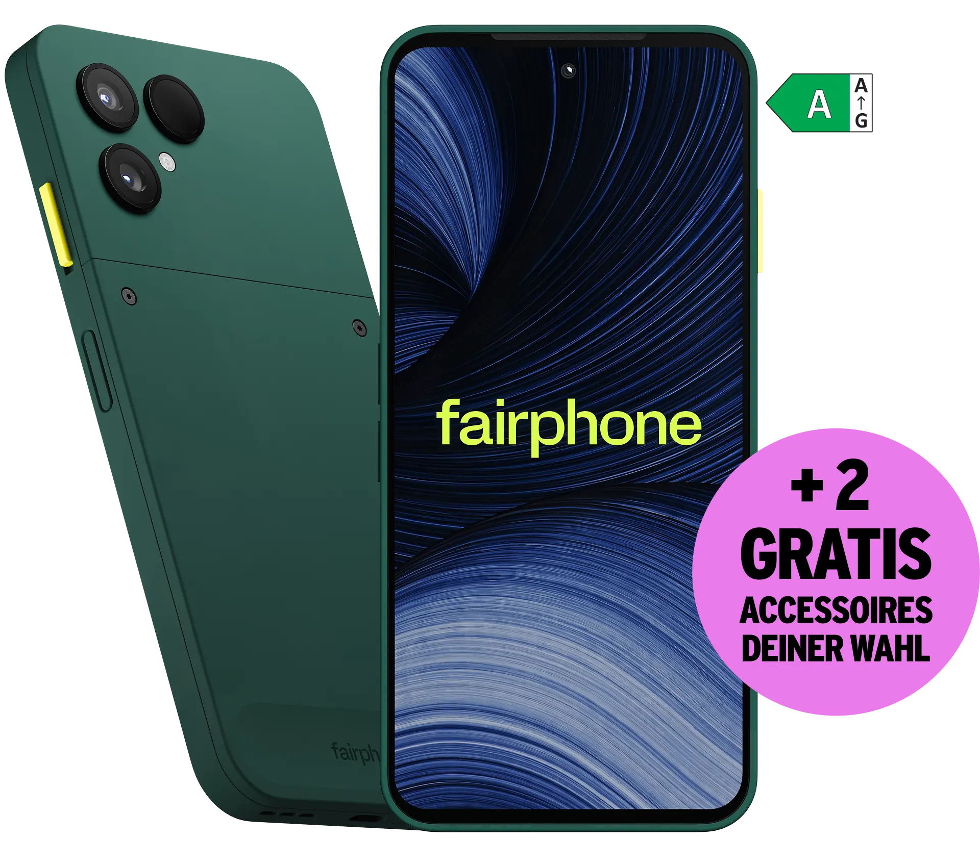 Vorder- und Rückansicht Fairphone 6+ Grün + 2 Gratis Accessoires deiner Wahl. Energieeffizienzklasse A.