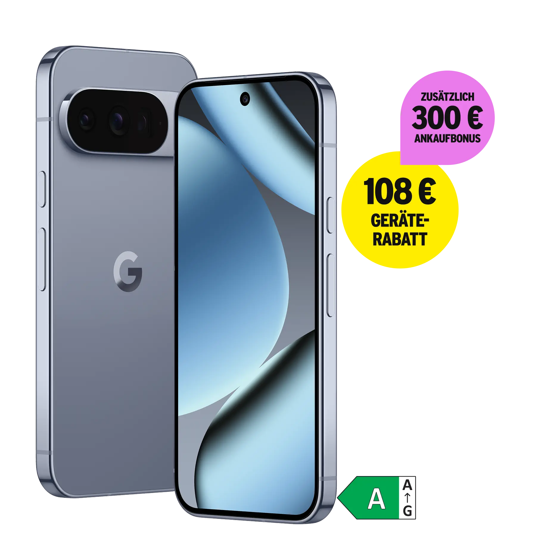 Seitliche Vorder- und Rückansicht Google Pixel 10 Pro. 108 € Geräterabatt. Zusätzlich 300 € Ankaufbonus. Energieeffizienzklasse A.