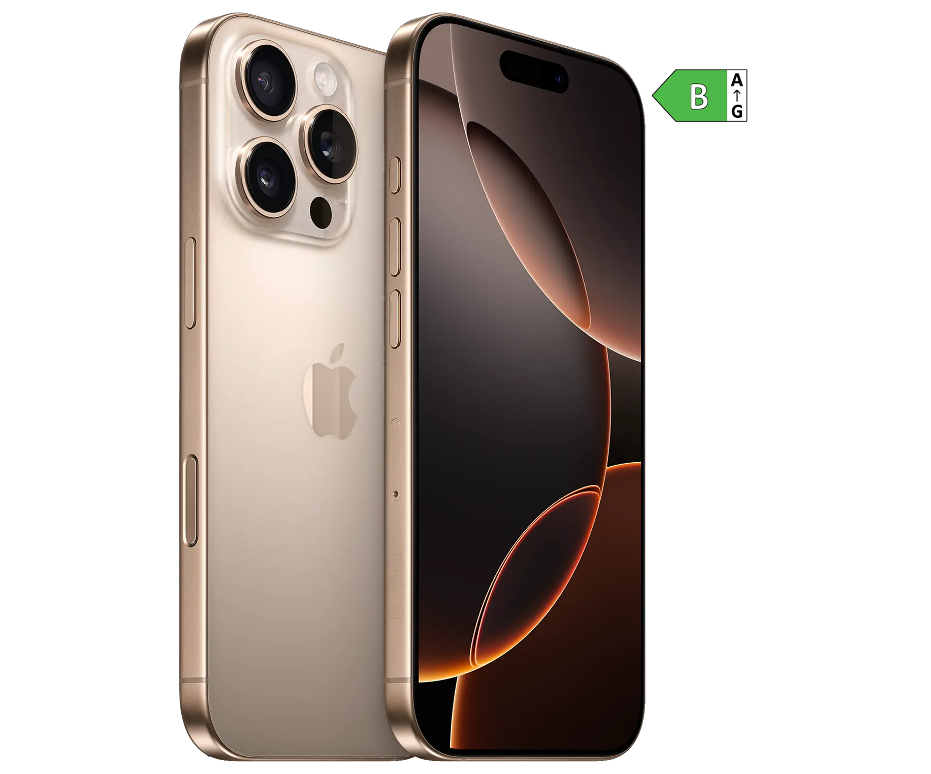 Seitliche Vorder- und Rückansicht iPhone 16 Pro. Energieeffizienzklasse B.