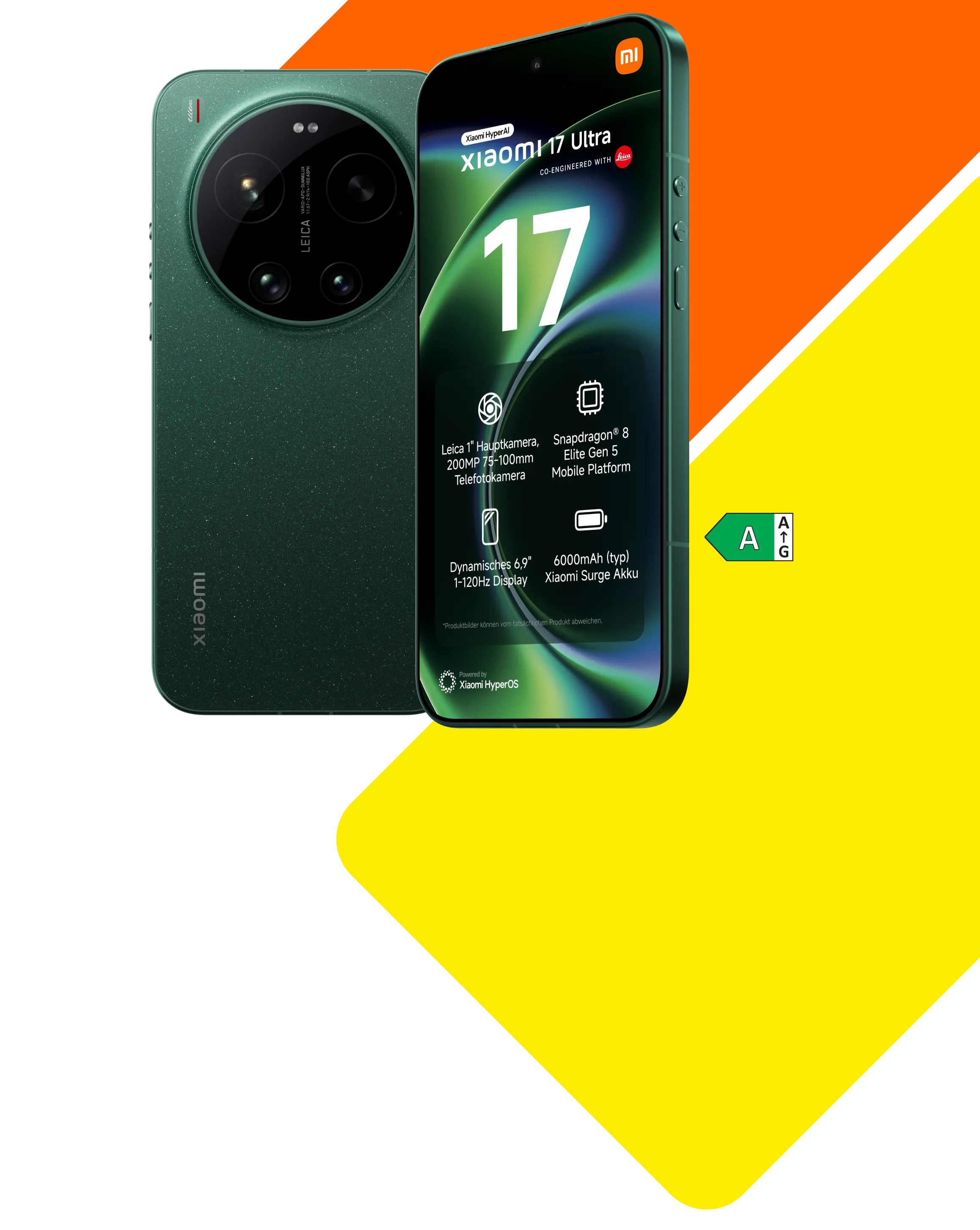 Vorder- und Rückansicht Xiaomi 17 Ultra. Energieeffizienzklasse A.