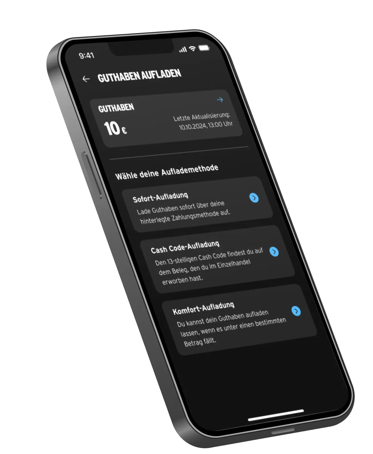 Smartphone zeigt Guthaben Aufladung in der congstar App.