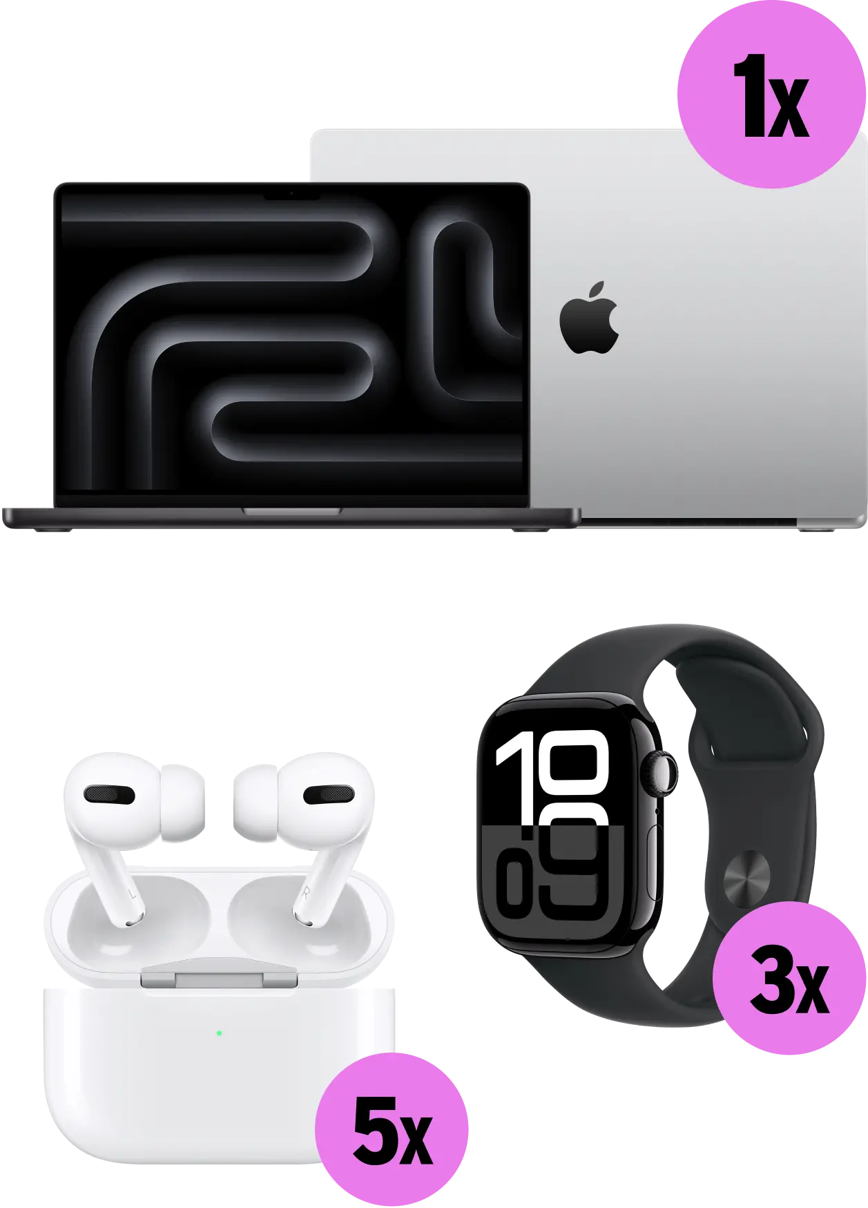 Produktabbildung der Apple-Gewinne: 1x Apple MacBook Pro 14 M4 Silber, 3x Apple Watch 10 GPS Aluminium, 5x Apple AirPods Pro (2. Gen.)