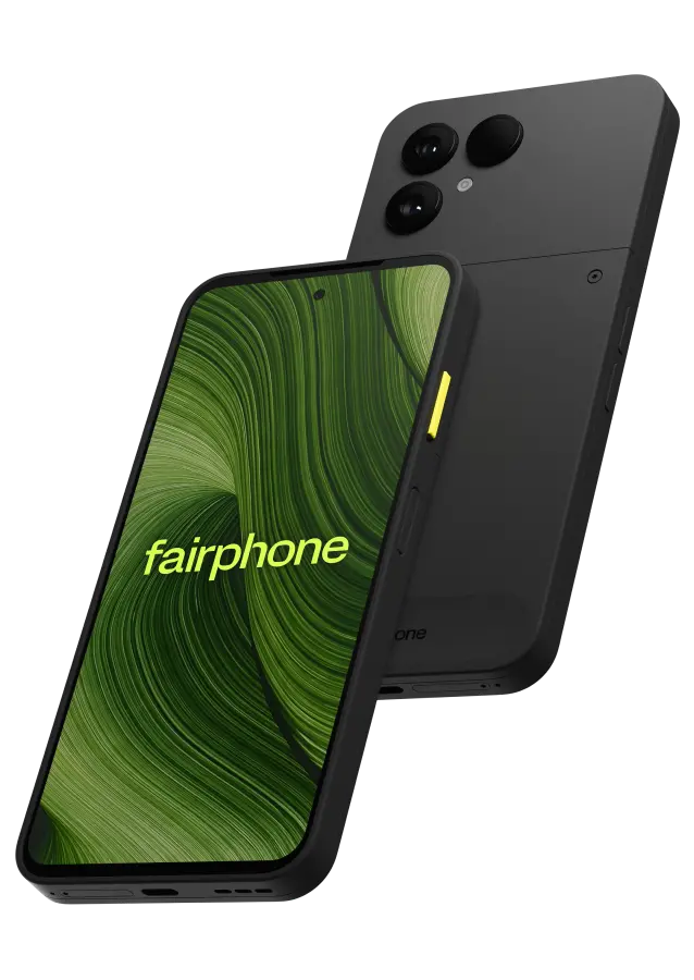 Schräge Vorder- und Rückansicht Fairphone 6 Schwarz.