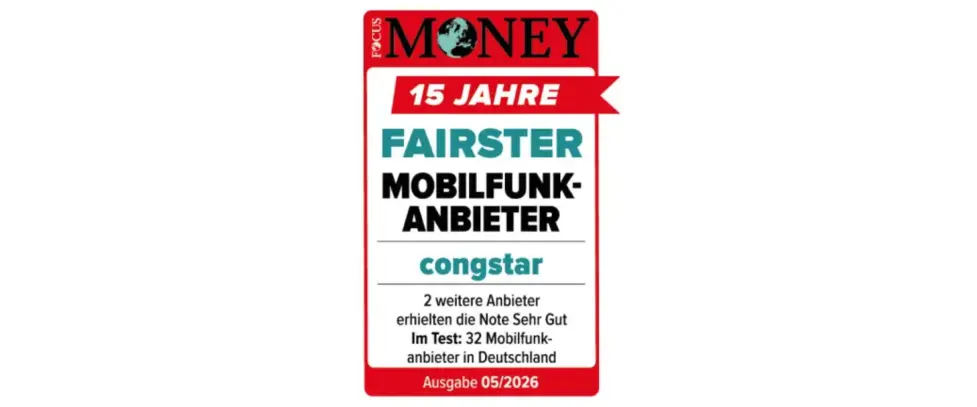Testsiegel FOCUS MONEY 2026: Fairster Mobilfunkanbieter. congstar.