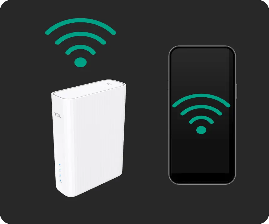 Illustration: TCL HH506 Router sendet WLAN-Signal an ein Smartphone.
