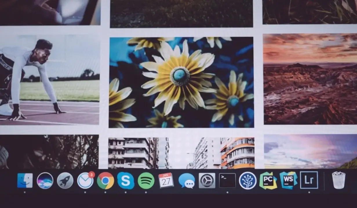 Bildschirm mit Fotogalerie. Unten eingeblendet das macOS‑Dock mit App‑Symbolen.