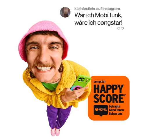 Ein Social-Media-Kommentar: "Wär ich Mobilfunk, wäre ich congstar". congstar HAPPY SCORE: 92% befragte Kund*innen lieben uns.