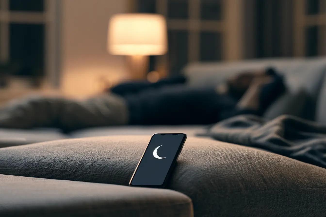 Handy mit aktiviertem "Nicht stören"-Modus liegt auf dem Bett