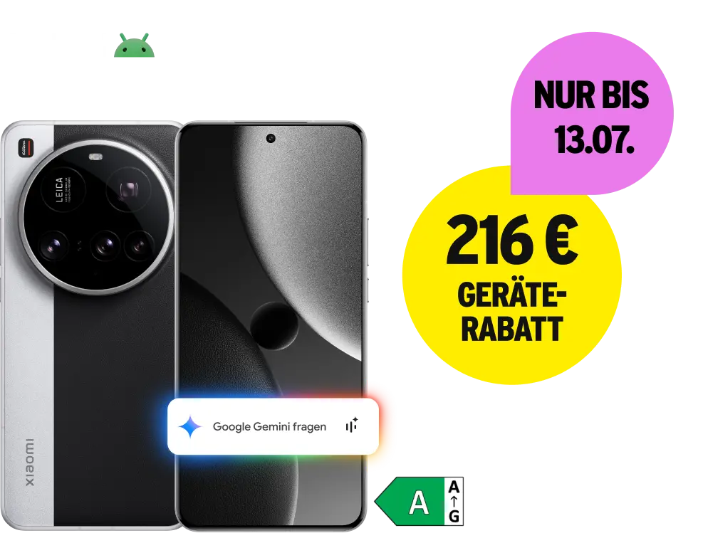 Xiaomi 15 Ultra mit Energieklasse A. 216 € Geräterabatt. Nur bis zum 13. Juli.